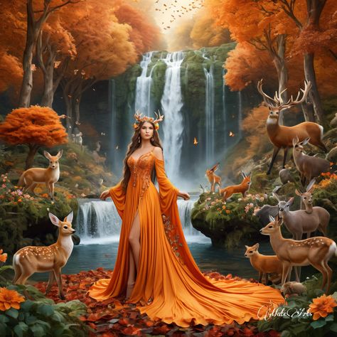 Supenatural fantasy, a beautiful goddess with long hair stands in the center of ... Autumn Goddess, Islamic Lantern, Birds And Butterflies, Beautiful Goddess, Team T Shirts, Autumn Forest, Long Exposure, Logo Design Trends, Flowers And Leaves