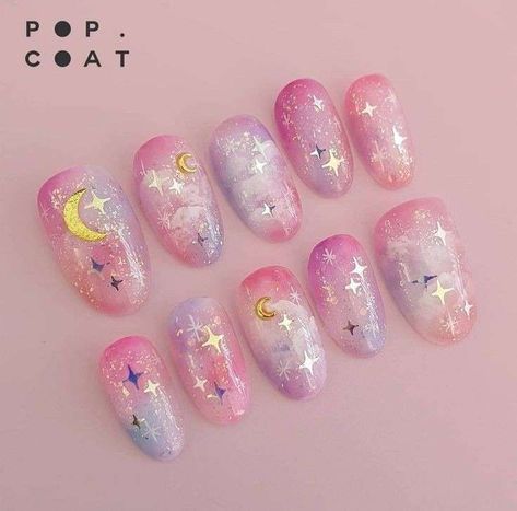 Kawaii Inspired Nails, Pastel Space Nails, Kawaii Summer Nails, Pastel Kawaii Nails, Gel Nails Kawaii, Eevee Nails, Sailor Moon Nails Design, Uwu Nails, Kawaii Nails Short