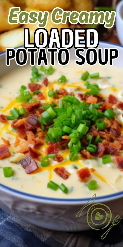 Easy Creamy Loaded Potato Soup. This rich and velvety soup is a celebration of hearty flavors, combining tender potatoes, crispy bacon, gooey cheese, and zesty green onions in every spoonful. Perfect for chilly evenings or lazy weekends, this soup is a hug in a bowl The Best Potato Soup Recipe Ever!, Potatoes Crispy, Potato Bacon Soup, Potato Soup Easy, Loaded Potato Soup, Loaded Baked Potato Soup, Creamy Potato Soup, Bacon Soup, Bacon Potato