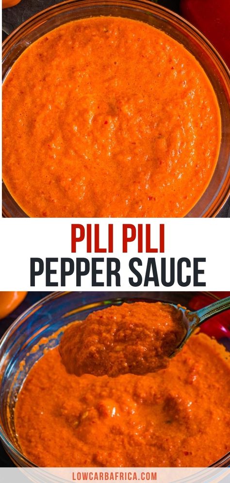 Pili pili, also known as piri piri or peri peri, is a super spicy African sauce made with chili peppers and habanero peppers, that has a robust and intense flavor. Add just a little to your dishes for a pleasant, spicy kick! #lowcarb #lowcarbrecipe #lowcarbdiet #keto #ketorecipe #ketodiet #lchf #paleo #glutenfree #sugarfree #nigerian #african | LowCarbAfrica.com African Pepper Sauce, Piri Piri Sauce Recipe, Green Pepper Sauce, Piri Piri Sauce, Piquillo Peppers, Nigerian Recipes, Piri Piri, Peri Peri, African Recipes