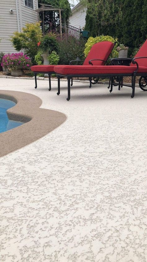 Pool Deck - Decorative Concrete Surfaces Pool Deck Overlay, Pool Cement Deck Ideas, Pool Decking Colors, Cool Deck Ideas Swimming Pools, Painted Pool Concrete, Sundek Pool Decks, Pool Area Flooring Ideas, Decorative Concrete Pool Deck, Concrete Around Pool Ideas Design