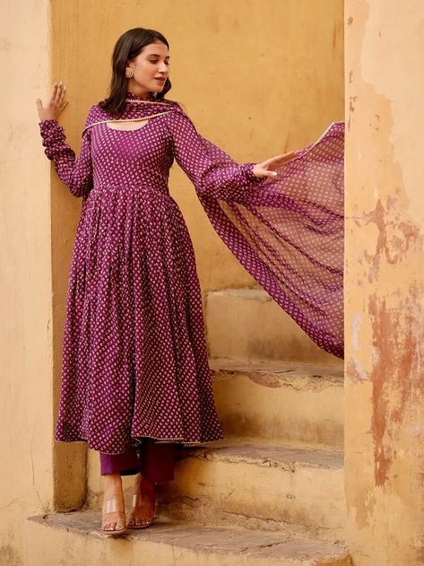 Buy Purple Bandhani Hand Block Printed Georgette Anarkali Kurta with Cotton Pants and Dupatta- Set of 3 | AS-MONC4/ASRU2 | The loom Bandhani Kurta, Marriage Clothes, डिजाइनर कपड़े, Georgette Anarkali, Long Gown Dress, Long Dress Design, Silk Dresses, Kurti Design, Anarkali Kurta