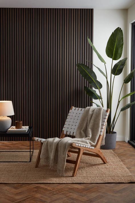 Natural Oak Acoustic Slat Wood Wall Panels, Oak Veneer Wall Panelling, Dark Brown Paneling Wood Walls, Dark Wood Slat Wall, Acoustical Panels Wall, Dark Wood Paneling Walls Living Room, Dark Slat Wall, Brown Slat Wall, Wood Panel Walls Living Room