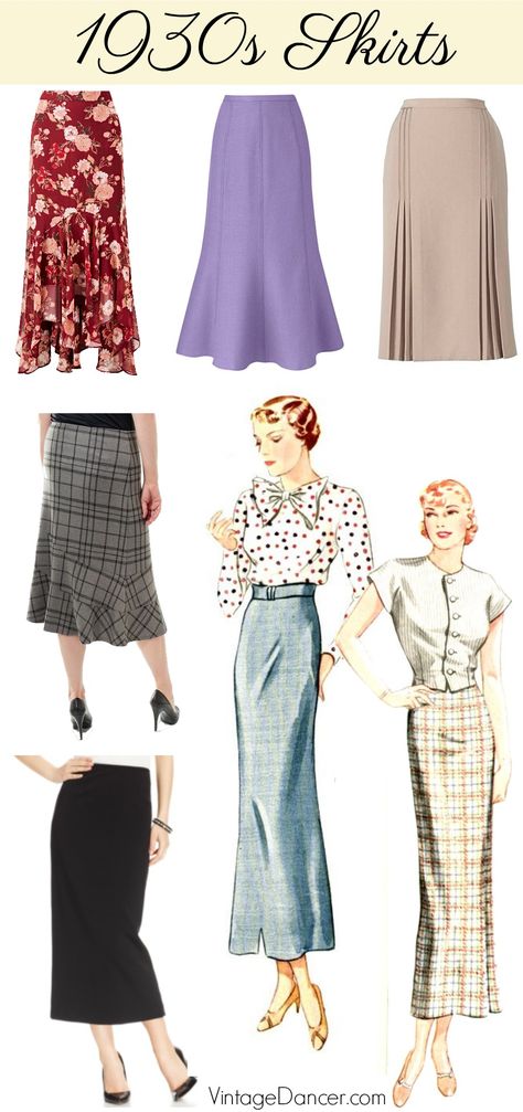 1930s style skirts. Tea mid length vintage skirts, column skirts, gored skirts, pleated skirts, hanky hem skirts. at #vintagedancer 1930s Outfits, Summer Outfits Women 30s, Fashion 30s, 1930 Fashion, 1930s Style, 30s Fashion, Fashion Guide, Retro Mode, 1930s Fashion