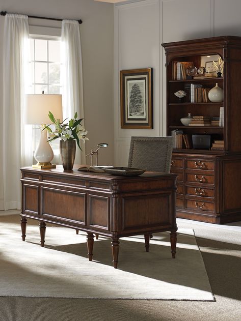 Home Office Library Desk, Mahogany Brown Desk, Mahogany Furniture Office Wall Color, Mahogany Desk Home Office, Magnolia Manor Office, Heritage Office Furniture, Mohogany Office Furniture, Vintage Office Desk Work, Paint Colors That Go With Cherry Wood Office