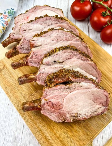 Meaty, smoky, tender, and juicy, Smoked Rack of Pork is an easy cut of meat to smoke! With oodles of flavor, make it today! Pork Loin Center Roast, Center Cut Pork Roast, Smoked Pork Loin Roast, Bone In Pork Loin, Pork Rib Roast, Pork Loin Ribs, Traeger Cooking, Rack Of Pork, Pork Loin Roast Recipes