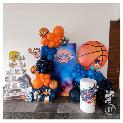 The Tunes Squad Baby Space Jam Baby Shower Ideas, Looney Tunes Birthday Party Ideas, Space Jam Birthday Party, Bday Party Boy, Space Jam Theme, Looney Tunes Party, Basketball Themed Birthday Party, Looney Tunes Space Jam, Gender Reveal Baby Shower Themes