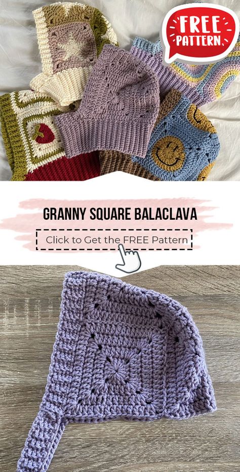 Cute Knitting Projects For Beginners, Beginner Crochet Balaclava, Diy Crochet Balaclava, Balaclava Pattern Crochet Free, Crochet Granny Square Balaclava Pattern, Crochet Baby Balaclava Free Pattern, Balaclava Granny Square Pattern, Square Beanie Crochet Pattern, Crochet Hats Free