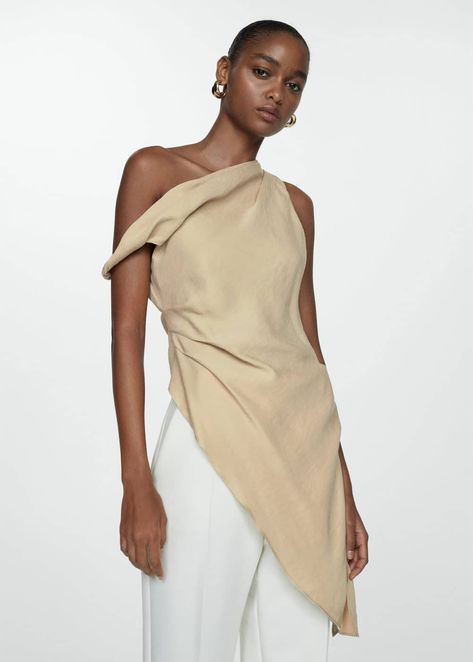 Asymmetric ruched top - Woman | Mango Canada Asymmetrical Top Outfit, Asymmetrical Shirt, Mango Outlet, Flowy Fabric, Asymmetric Neckline, Ruched Top, Event Outfit, Tailored Design, Tailored Dress