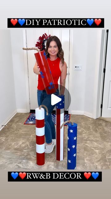 Ryan Armendariz on Instagram: "DIY PATRIOTIC DECORATIONS 🇺🇸

THESE ARE THE CUTEST DIY PATRIOTIC DECORATIONS!! I CANT WAIT TO SET THESE ON MY PORCH! SO EASY TO MAKE!!!

Cut your pvc pipe to the sizes you want. Spray paint with RW&B paint. Use painters tape to create stripes. I used sparkly star stickers but used hot glue to secure them. For the fuse I used 3/4” rope. 

#IndependenceDay #DIY #patriotic #4thofjuly #July4thCelebration” #DIYDecor #PatrioticDecor" Diy Firecracker Decorations, 4th July Decorations Diy, Fourth Of July Porch Decorating Ideas, Fourth Of July Decorations Diy, Pvc Pipe Candles, 4th Of July Decorations Diy, Diy 4th Of July Decorations, Patriotic Porch Decor, Patriotic Crafts Diy