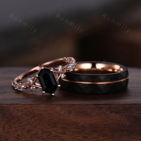 Here we have a Vintage Black Onyx Couples Ring Rose Gold Matching Ring Set His and Hers Wedding Band Promise Ring For Men For Women Natural Black Gemstone Moss agate set: https://www.etsy.com/listing/1716926987/vintage-green-moss-agate-couples-ring?click_key=976c78ae43186872022d4c59854a52d0ed895813%3A1716926987&click_sum=15a89b76&ref=shop_home_active_36&pro=1&frs=1 Green emerald set: https://www.etsy.com/listing/1713102440/vintage-green-emerald-couples-ring-rose?click_key=90d98b915f7b0263b61f5e0 Simple Black Wedding Ring, His And Hers Gothic Wedding Rings, Black And Rose Gold Wedding Rings, Matching Black Wedding Bands, Viking Wedding Ring Sets, Bohemian Style Engagement Ring, Promise Ring Sets Couple, Black Wedding Rings Sets Couple, Black And Gold Wedding Ring