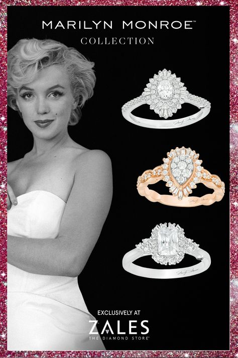 Experience brilliant sparkle and exceptional style in designs inspired by Hollywood icon, Marilyn Monroe. Shop our exclusive Marilyn Monroe Collection! 🤍 #LoveZales Marilyn Monroe Jewelry Collection, Marilyn Monroe Ring, Marilyn Monroe Jewelry, Wish Box, Hollywood Icons, Ring Collection, Hollywood Star, Diamond Fashion, Ring Collections