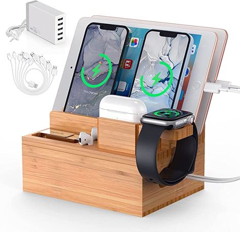 Amazon.com: Pezin & Hulin Bamboo Charger Station for Multiple Device (Included 5 Port USB Charger, 6 Pack Charging Cables, Watch & Earbuds Stand), Desktop Electronic Organizer for Cell Phone, Tablet : Cell Phones & Accessories Small Dock, Charging Station Organizer, Electronic Organizer, Ipad Charger, Charger Organizer, Bedside Organizer, Nightstand Organization, Charger Station, Electronic Organization