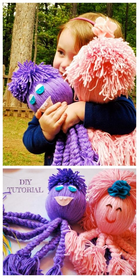 Craft Ideas Videos, Yarn Octopus, Octopus Doll, Diy Yarn Dolls, Fun Yarn, Octopus Crafts, Yarn Animals, Yarn Crafts For Kids, Easy Yarn Crafts