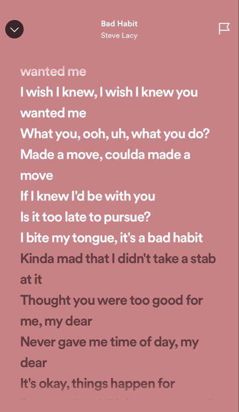 spotify, music, bad habit lyrics, steve lacy song. Bad Habits Song Lyrics, I Wish I Knew You Wanted Me Song, Bad Habit Lyrics, Bad Habit Steve Lacy, Crush Song Lyrics, Secret Boards, Facebook Layout, Steve Lacy, Spotify Lyrics