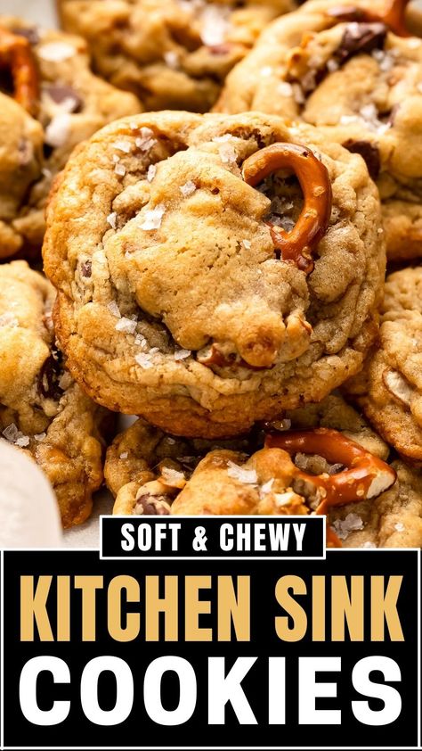 These Kitchen Sink Cookies are thick, ultra-soft, chewy & overflowing with delicious sweet and salty mix-ins! This recipe uses simple ingredients, it's so easy to make   the dough freeze well and cookies make the best edible gifts! Kitchen Sink Cookies Recipe, Cookie Swap Recipes, Sink Cookies, Cowboy Cookie Recipe, German Chocolate Cookies, Kitchen Sink Cookies, Salty Sweet Snacks, Salty Cookies, Monster Cookies Recipe