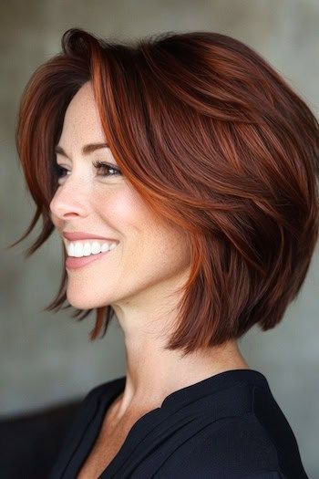 Save this pin for the best feathered bob hairstyles. Spice up your look with this fiery auburn bob. The feathered layers add texture and lovely dimension, creating a vibrant, bright look. Copper Red Bob Hair, Short Red Hair Styles, Feathered Bob Hairstyles, Auburn Bob, Red Bob Hair, Feathered Bob, Feathered Layers, Red Bob, Chic Short Haircuts