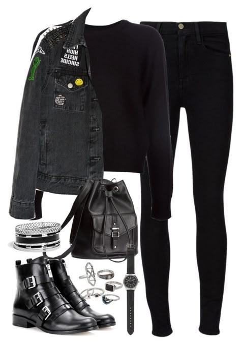 "Requested outfit" by ferned on Polyvore featuring Frame Denim, T By Alexander Wang, MICHAEL Michael Kors, H&M, Mudd, J.Crew and GUESS Black Outfit Polyvore, Patch Jean Jacket, Clueless Outfits, Black Clothes, Outfits Polyvore, Looks Black, Black Outfits, All Black Outfit, Alternative Outfits