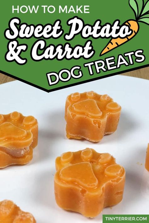 Sweet potato & carrot dog treats with a hidden chicken surprise in the middle. Whip up a batch of vegetable frozen dog treats in minutes to help keep your dog cool this summer. Healthy vegetable dog treats. #frostypaws #dogtreats #sweetpotato Carrot Dog Treats, Sweet Potato And Carrot, Frosty Paws, Carrot Dogs, Pet Treats Recipes, Dog Treats Homemade Easy, Easy Dog Treat Recipes, Frozen Dog Treats, Healthy Veggie