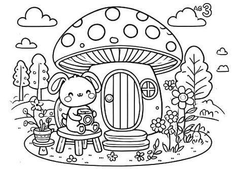 Cozy Friends at the Mushroom House Cozy Girl Coloring Page, Cozy Friends Coloring Book, Decorative Doodles, Cozy Coloring Pages, Cute Coloring Page, Bobbie Goods, Adult Colouring Printables, House Colouring Pages, Activity Sheets For Kids