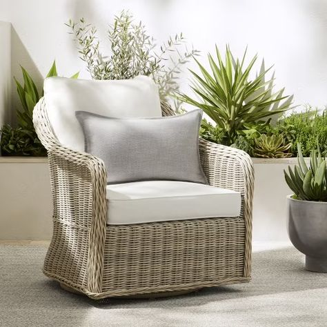 Outdoor Lounge Furniture | Williams Sonoma Rustic Chic Cabin, Patio Patterns, Front Porch Chairs, Four Season Sunroom, Wicker Swivel Chair, Contemporary Colonial, Chic Cabin, Outdoor Swivel Chair, Porch Chairs