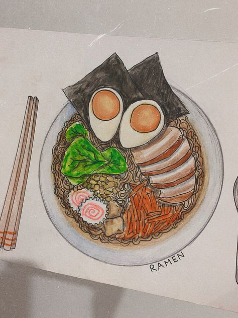 Drawing ramen Ramen Drawing Aesthetic, Japanese Food Drawing Easy, Noodle Bowl Drawing, Ramen Drawing Easy, Ramen Drawing Simple, Food Drawing Sketches Easy, Ramen Noodle Drawing, Food Plate Drawing, Ramen Bowl Drawing