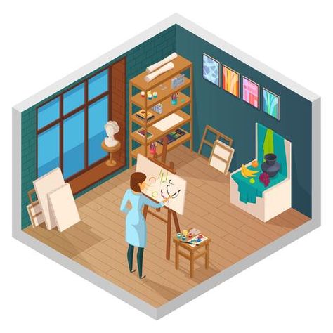 Isometric Interior Design, Ikea Marius, Painter Character, Isometric Interior, Isometric World, School Of Motion, Isometric Animation, Architecture Sketching, Female Painters