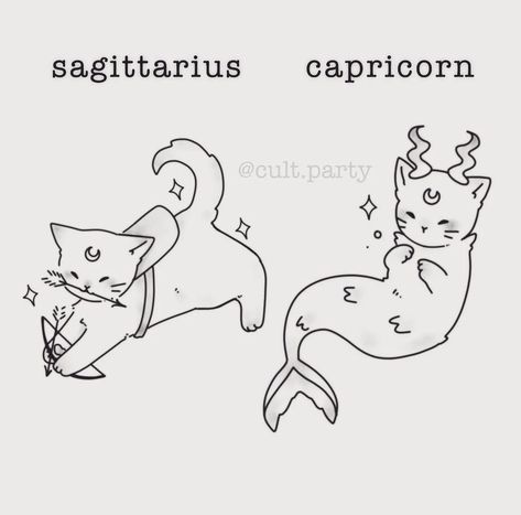 Zodiac Doodles, Cute Zodiac Signs, Tattoo Healing, Tattoo Machine Tattoo, Cat Tatto, Kitty Tattoo, Capricorn Art, Sagittarius Tattoo, Astrology Tattoo