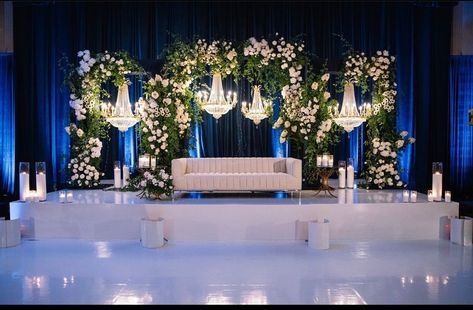 Blue Sangeet Decor, Sangeet Decoration Stage Outdoor Night Simple, Sangeet Stage Decor Indoor, Sangeeth Decors Indoor Night, Sangeeth Backdrop Stage Decorations Indoor, Oak Decor, Stage Wedding, Simple Stage Decorations, Reception Stage