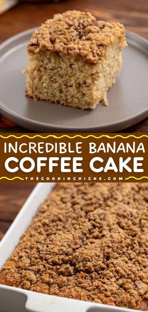 Here's a banana cake recipe for your next morning breakfast! Moist and packed with flavor, every bite of this Banana Coffee Cake is incredible. It's also great as an afternoon snack idea or even a simple dessert! Holiday Brunch Ideas, Banana Coffee Cake, Cake Recipe Moist, Banana Coffee Cakes, The Cookin Chicks, Chicke Recipes, Banana Coffee, Cake For Breakfast, Coffee Cake Recipe