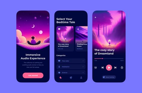 clean, onboarding, modern, cards, audio, dream, meditation, fairytale, player, mobile, design, app, illustration, blue, dark, purple, tracking, sleep, cozy, bedtime Purple App Design, Presentations Ideas, Fairytale Design, App Illustration, Music App Design, Design Methodology, Sleep App, Event App, Gradient Color Design