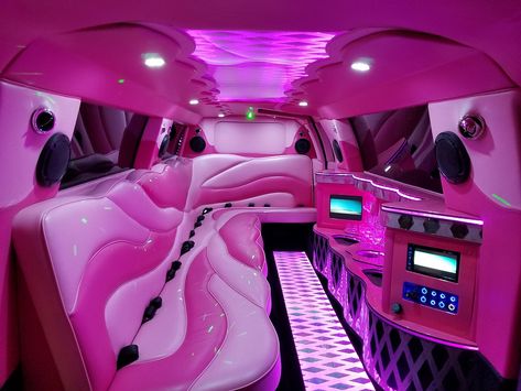 Limousine Aesthetic, Pink Limousine, Bachelorette Party Bus, Pink Limo, Limousine Interior, Carnival Birthday Theme, Disco Floor, Pink Corvette, Pink Convertible