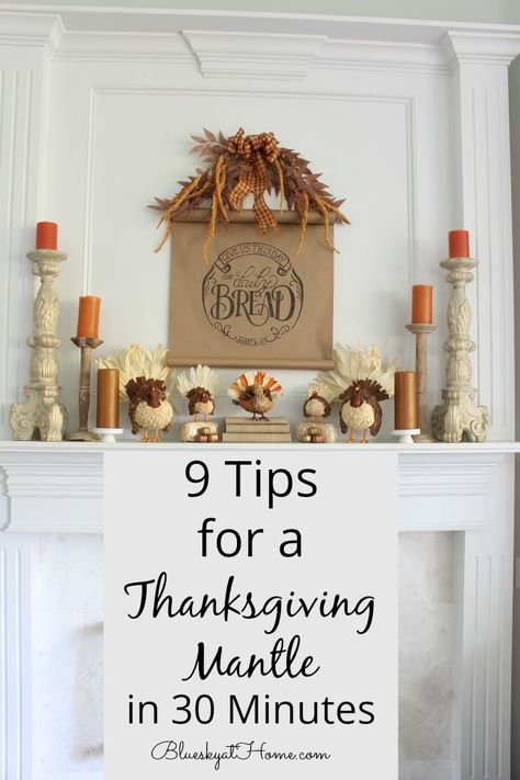 9 TIps for a Thanksgiving Mantle Joanna Gaines Thanksgiving, Thanksgiving Mantle Decor, Thanksgiving Fireplace, Thanksgiving Mantle, Sideboard Decor, Thanksgiving Pictures, Tall Candlesticks, Fall Mantle, Metal Pumpkins