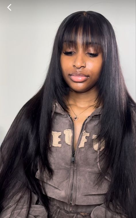 Straight Wig Bangs, Chinese Bangs Frontal Wig, Straight Bangs Black Women, Wigs With Fringe Bangs Black Women, Bang Closure Wig, Bussdown With Bangs, Closure Bangs Sew In, Lace Frontal With Bangs, Edgy Hair Black Women