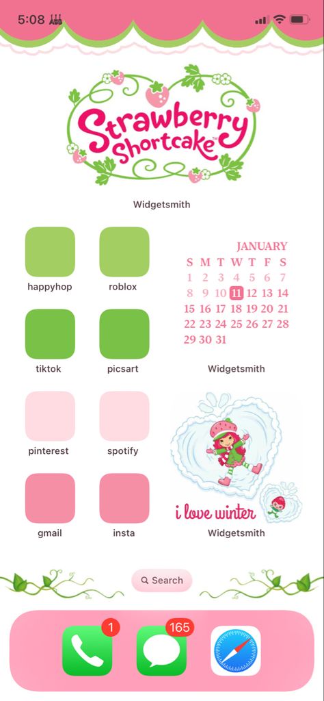 Strawberry Shortcake Layout, Strawberry Themed Homescreen, Strawberry Iphone Layout, Aesthetic Ios 16 Ideas, Strawberry Shortcake Iphone Theme, Mlp Phone Layout, Strawberry Homescreen Layout, I Phone Layouts, Matching Phone Themes