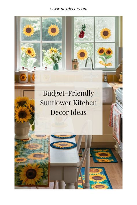 Sunflower-themed kitchen with vibrant sunflower decor on mats, table, and windowsill. Sunflower Kitchen Decor Ideas, Sunflower Decor Ideas, Sunflower Kitchen Decor, Sunflower Kitchen, Kitchen Decor Ideas, Yellow Decor, Sunflower Decor, Themed Decor, Living Room Accents