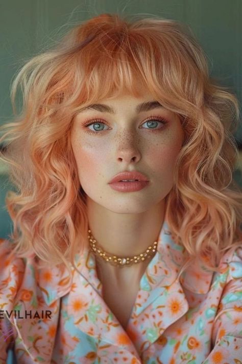 Peach Pastel Hair Peach Blonde Hair, Pastel Orange Hair, Peach Blonde, Trends Summer 2024, Pastel Hair Colors, 30 Hair Color, Peach Hair Colors, Dyed Hair Pastel, Vivid Hair Color