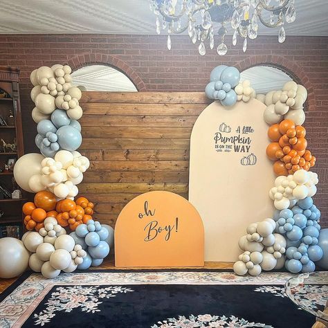 Laura’s Balloon Company | Ottawa📍 on Instagram: “A little pumpkin is on the way 🧡 Cake & desserts : @alittlebitofsugar__ . . . . . . . #littlepumpkin #babyshower #littlepumpkindecor…” Fall Balloon Arch With Blue, Little Pumpkin Blue Baby Shower Ideas, Blue Harvest Baby Shower Theme, Pumpkin Baby Boy Shower Theme, A Little Pumpkin Is On The Way Backdrop, Baby Shower Themes For Boys Fall, Little Pumpkin Baby Shower Balloon Arch, Little Pumpkin Boy Baby Shower Ideas, A Little Pumpkin Baby Shower Theme Boy