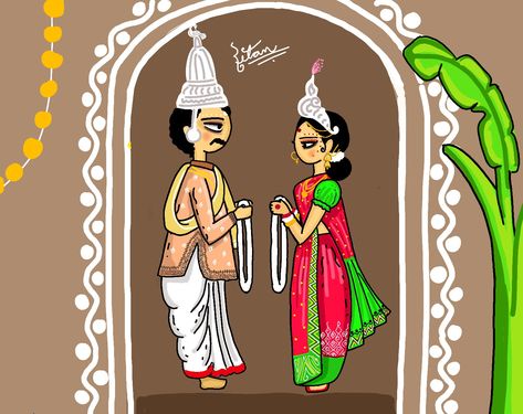 This photo is depiction of bengali marriage , it picturises the tradition of malabadal in marriage .. Bengali Bride Cartoon, Bengali Bride Groom Illustration, Bengali Drawing, Kulo Painting, Bengali Groom, Kulo Art, Weekend Drawing, Bengali Marriage, Marriage Frame