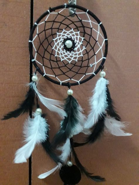 Dream catcher car hanging with dual combination of black and white Dream Catcher Black And White, Black And White Dream Catcher, Dream Catcher Pink, Business Crafts, White Dream Catcher, Making Dream Catchers, Indian Arts And Crafts, Handmade Dreamcatcher, Dream Catcher Diy