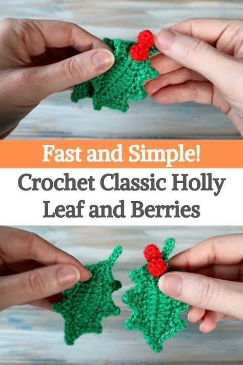 Today we're sharing another festive video tutorial about how to crochet little holly leaves and berries! An easy project, suitable for beginners and very quick.You can use these as appliques on some other crochet projects, to hang on around your home as Christmas decorations, pins on your clothing, to put on your gifts, and much more, there's a lot of uses for them, just let your creativity flow.For this project, you'll only need a small amount of DK worsted weight yarn in green... Crochet Holly Applique, Crochet Christmas Holly Free Pattern, Holly Applique Pattern, Crochet Holly Garland Free Pattern, How To Crochet Holly Leaves, Crocheted Holly Leaves, Free Crochet Holly And Berries, Crochet Holly Berries, Crochet Holly And Berries