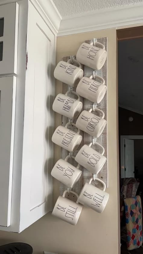 Rae Dunn Mug Display Ideas, Rae Dunn Mug Display, Starbucks Mug Display Ideas, Kitchen Open Shelves, Coffee Cups Diy, Coffee Mug Display, Mug Storage, Window Curtains Living Room, Coffee Mug Holder