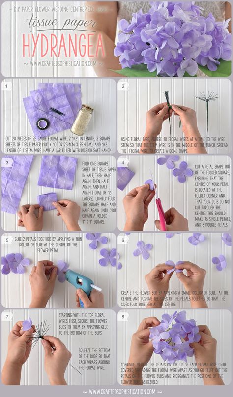 Hydrangea Diy, Diy Hydrangea, Paper Flowers Diy Wedding, Paper Hydrangea, Paper Flowers Wedding Bouquet, Make Paper Flowers, Bouquet Tutorial, Gubahan Bunga, Diy Flores