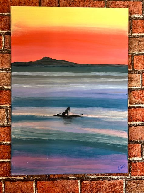 Studio Art Ideas, Surfing Painting Ideas, Obx Aesthetic Painting Ideas, Beachy Art Painting, Surfing Painting Easy, Easy Surf Paintings, Surf Board Painting On Canvas, Hawaii Acrylic Painting, Simple Beachy Paintings