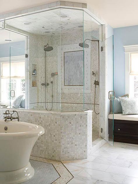 11 Amazing Double Showers With Top-of-the-Line Details and Style Two Person Shower, Double Shower, Luxury Shower, Master Bath Remodel, Up House, Modern Bathroom Vanity, Shower Stall, Wet Rooms, Bathroom Remodel Master