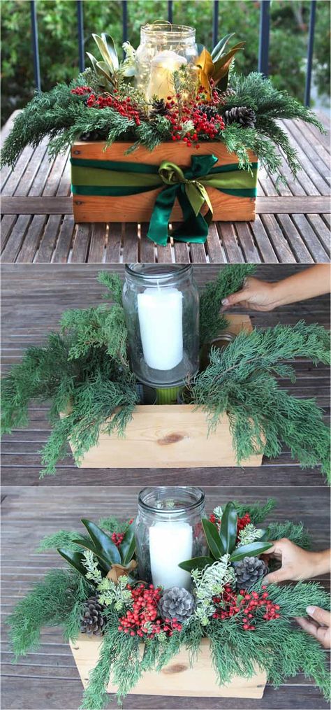 How to make a beautiful and free DIY Christmas centerpiece in 10 minutes! Great Thanksgiving & Christmas table decorations & gifts. Easy tutorial & video! #holiday #diy #christmas #christmasdecor #christmasideas #thanksgiving #homedecor #homedecorideas #gardens #crafts #crafting #craftsforkids #farmhouse #vintage #farmhousestyle #farmhousedecor #rusticdecor #partyideas #centerpiece #tabledecor Christmas Table Decorations Centerpiece, Christmas Table Decorations Diy, Xmas Decorations Diy, Diy Christmas Table, Christmas Decorations Centerpiece, Cone Crafts, Diy Pinecone, Door Diy, Christmas Table Centerpieces