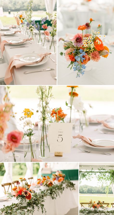 Colorful summer wedding inspiration for an intimate wedding in Indiana Summer Wedding Long Table Decor, Summer Bright Wedding Colors, Long Table Centerpieces Wedding Simple, Wildflower Minimalist Wedding, Colorful Wedding Setup, Colorful Simple Wedding Decor, Summer Modern Wedding, Colorful Wedding Florals Summer, Colorful June Wedding Flowers