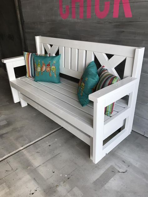 Farmhouse Outdoor Glider Bench - buildsomething.com Outdoor Glider Bench, Glider Bench, Diy Bank, Outdoor Glider, White Bench, Farmhouse Chairs, Farmhouse Outdoor, Woodworking Bench Plans, Woodworking Furniture Plans