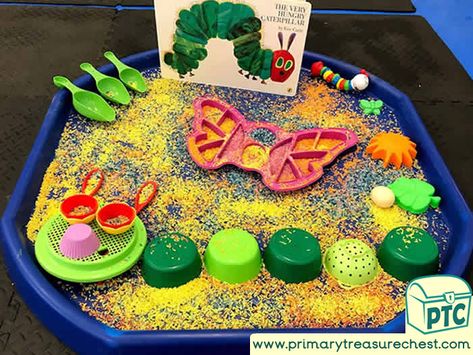 Butterfly Tuff Tray, Butterfly Tuff Tray Ideas, Minibeasts Eyfs, Hungry Caterpillar Nursery, Caterpillar Preschool, Tuff Tray Ideas Toddlers, The Very Hungry Caterpillar Activities, Eric Carle Activities, Hungry Caterpillar Craft