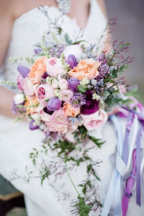 spring bouquet - photo by Emily Millay Photography http://ruffledblog.com/candy-colored-wedding-inspiration-in-charlotte #weddingbouquet #flowers #bouquets Purple And Peach, Wedding Color Palette Summer, Bouquet Champetre, Purple Wedding Bouquets, Spring Wedding Colors, Summer Wedding Colors, Spring Bouquet, Peach Wedding, Trendy Flowers